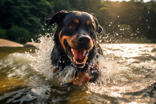 Medium shot portrait photography of an aggressive rottweiler shaking off water after swimming against natural arches and bridges background. With generative AI technology
