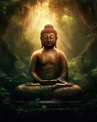 Buddha statue in the woods created with Generative AI technology.