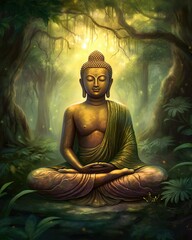 Buddha statue in the woods created with Generative AI technology.
