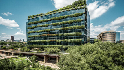 A Vibrant Photo of a Green Office Building Drenched in Daylight - generative AI