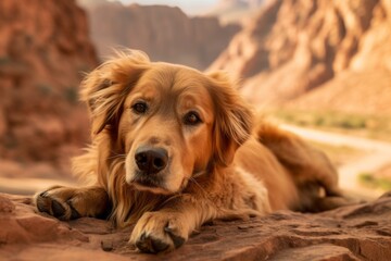 Obraz premium Studio portrait photography of an aggressive golden retriever lying down against gorges and canyons background. With generative AI technology