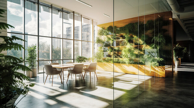 Vibrant Interior Work Room of Green Office Building Drenched in Daylight - generative AI