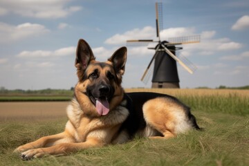 Group portrait photography of a happy german shepherd lying down against windmills background. With generative AI technology