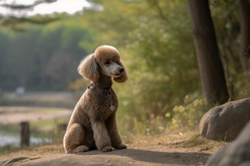 Full-length portrait photography of a curious poodle sitting against birdwatching spots background. With generative AI technology