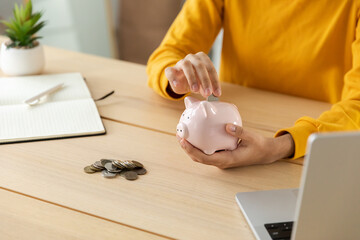 Obraz na płótnie Canvas Saving money investment for future. Female woman hands holding pink piggy bank and putting money coin. Saving investment budget business wealth retirement financial money banking concept