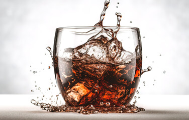 Cola with ice cubes and splash in glass on white background. Generative AI