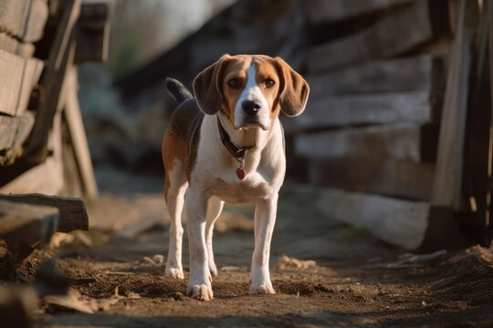 Studio portrait photography of a curious beagle walking against horse stables and riding trails background. With generative AI technology