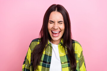 Photo of angry shocked lady wear checkered jacket shouting closed eyes isolated pink color...