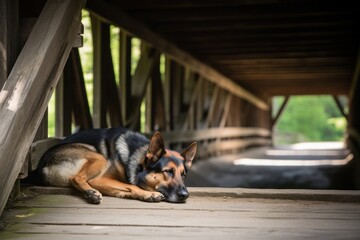 Environmental portrait photography of a happy german shepherd sleeping against covered bridges background. With generative AI technology