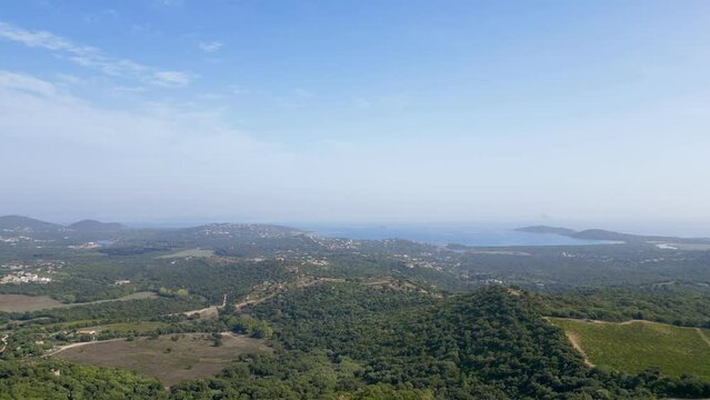 Nature's Vineyard Tapestry: A Mesmerizing Aerial Traverse over Lecci, Corsica - Between Verdant Forests and Azure Ocean