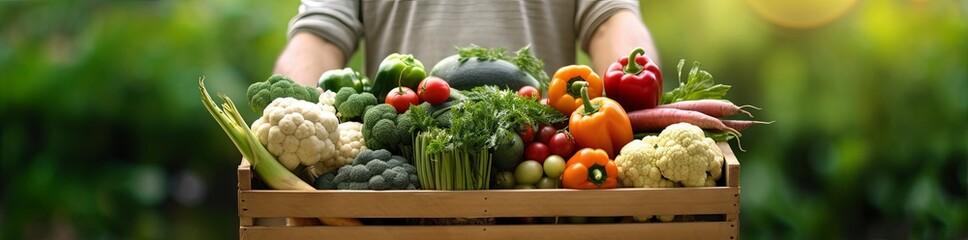 Hands holding wooden box with vegetables