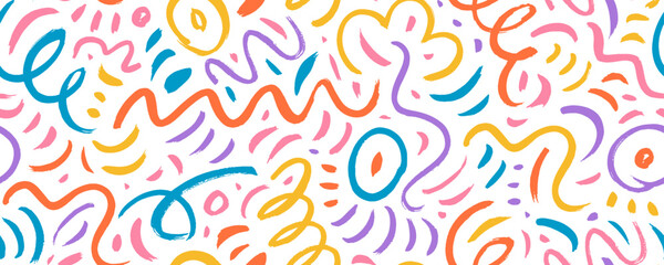 Fototapeta premium Colorful squiggly lines seamless pattern. Trendy banner design with colored doodles and confetti. Abstract organic pattern with thin curved lines, squiggles. Simple childish scribble wallpaper. 