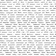 Fototapeta premium Vector unreadable text seamless pattern. Handwritten poetry notes with cursive small letters. Vector black cursive unreadable text. Abstract writing black and white background.
