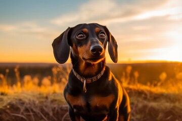 Medium shot portrait photography of an aggressive dachshund watching a sunset with the owner against bison ranges background. With generative AI technology
