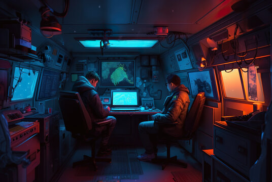 Police or secret service people sitting inside surveliance van with computers and surveliance cameras. Generative AI.