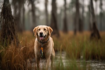 Environmental portrait photography of an aggressive golden retriever holding a leash in its mouth against swamps and bayous background. With generative AI technology