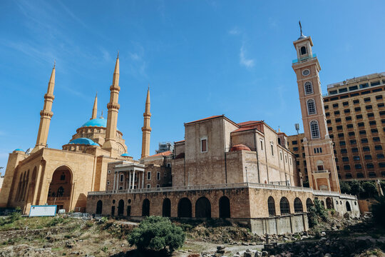 Beirut, Lebanon &mdash; 24.04.2023: Maronite Cathedral of Saint George near the  Mohammad Al-Amin Mosque, located in downtown Beirut.