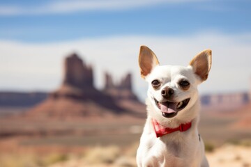 Environmental portrait photography of a happy chihuahua being in front of a famous landmark against tundra landscapes background. With generative AI technology