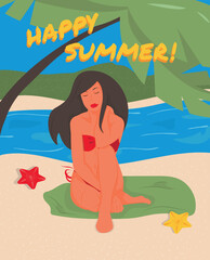 Beautiful girl relaxing on the beach. Summer vacation. Seaside, palm and starfish. Banner, poster, card. Vector illustration