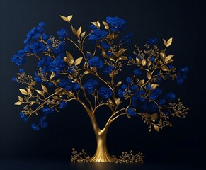 Delicate 3D gold and royal blue floral hanging branches golden tree. Generative AI