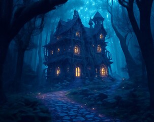 Fantasy haunted house in forest digital art. Generative AI