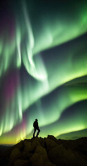 Obraz na płótnie Canvas Man mesmerized by the Northern Polar Lights, as they dance and flicker across the sky and fill the night with their otherworldly beauty. Generative AI