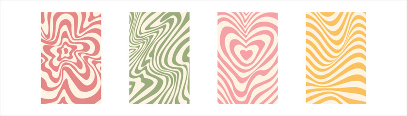 Groovy hippie 70s backgrounds. Waves, swirl, twirl pattern with heart, daisy, flower. Twisted and distorted vector texture in trendy retro psychedelic style. Y2k aesthetic