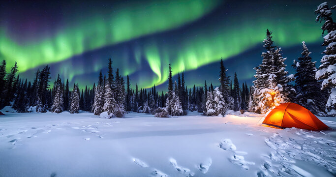 View of a winter campsite illuminated by the shimmering colors of the aurora in the night sky, creating an unforgettable experience that immerses the viewer in the majesty of winter. Generative AI