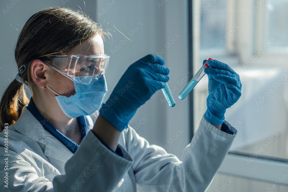 Poster an analyst in medical laboratory analyzes medical data to study effectiveness treatment. chemist-sci