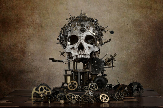 Teschio Steampunk su tavolo di legno con ingranaggi di orologio