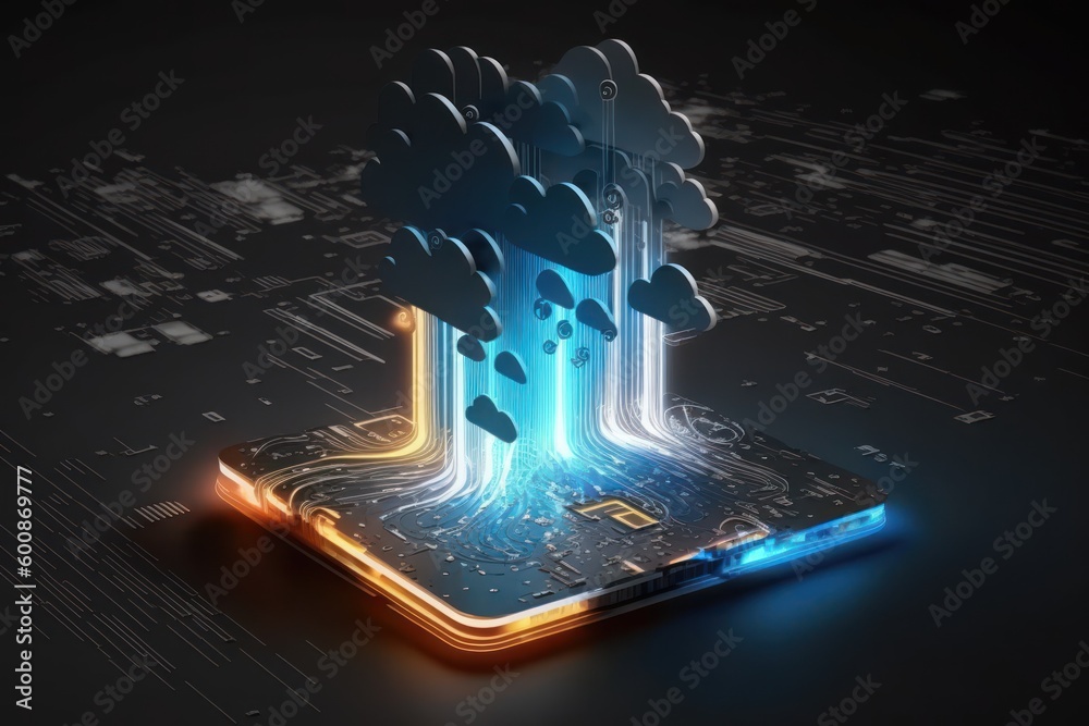 Poster cloud computing concept with smartphone and cloud computing symbol. generative ai