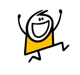 Happy stick figure boy runs and jumps in positive good mood with rising hands. - 600869761