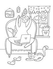 Outline illustration of unicorn. Coloring page for kids.