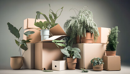 Cardboard boxes with flowers in empty room. Concept movement in new home. Generation AI