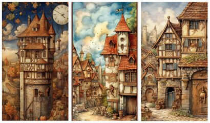 Watercolour fantasy illustrations of old medieval castle and buildings. Greeting cards or envelopes project print. Set no 11.