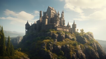 Fototapeta premium Fantastic view of the famous castle on the rock in the mountains, Generative AI