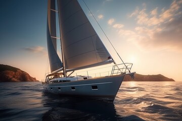 Sailing yacht in the sea at sunset. Generative AI - obrazy, fototapety, plakaty