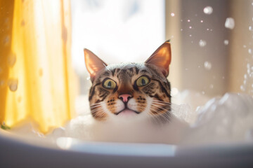 Funny cat being washed in bath tube full of foam. Generative AI illustration