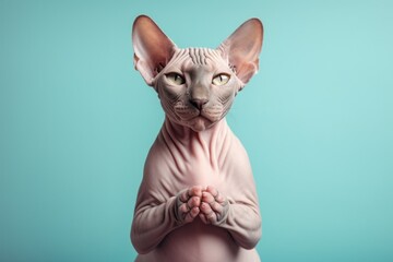 Medium shot portrait photography of a curious sphynx cat kneading with hind legs against a pastel or soft colors background. With generative AI technology