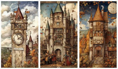 Watercolour fantasy illustrations of old medieval castle and buildings. Greeting cards or envelopes project print. Set no 4.