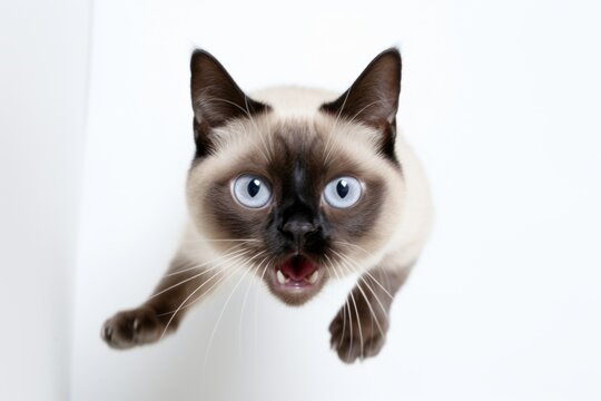 Conceptual portrait photography of a scared siamese cat hopping against a white background. With generative AI technology