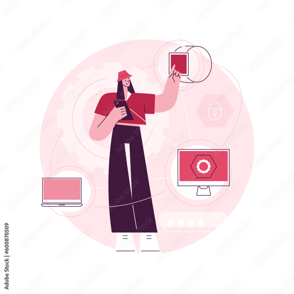 Poster cross-device tracking abstract concept vector illustration. multi device use and reports, one user p