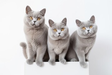 Group portrait photography of a smiling british shorthair cat climbing against a white background. With generative AI technology