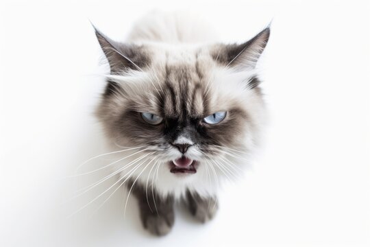 Environmental portrait photography of an angry ragdoll cat investigating against a white background. With generative AI technology