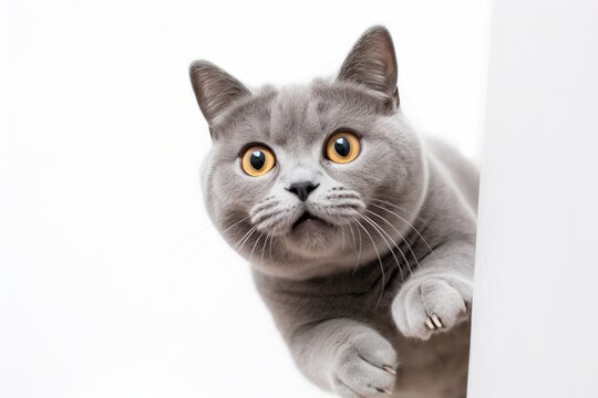 Medium shot portrait photography of a happy british shorthair cat climbing against a white background. With generative AI technology