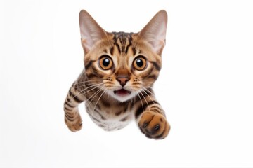 Obraz premium Lifestyle portrait photography of a smiling bengal cat hopping against a white background. With generative AI technology