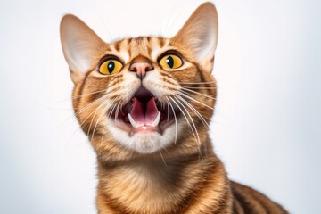 Obraz premium Headshot portrait photography of a smiling abyssinian cat tail wagging against a white background. With generative AI technology