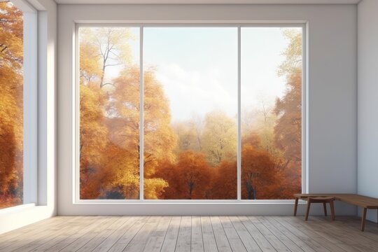 interior with large window and autumn landscape, Generative AI illustration