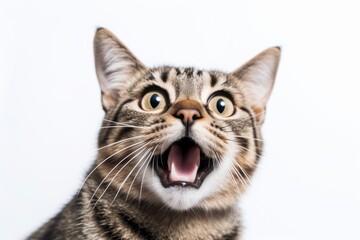 Obraz premium Lifestyle portrait photography of a curious tabby cat meowing against a white background. With generative AI technology