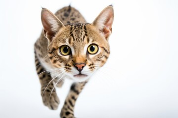Obraz premium Environmental portrait photography of a curious savannah cat sprinting against a white background. With generative AI technology